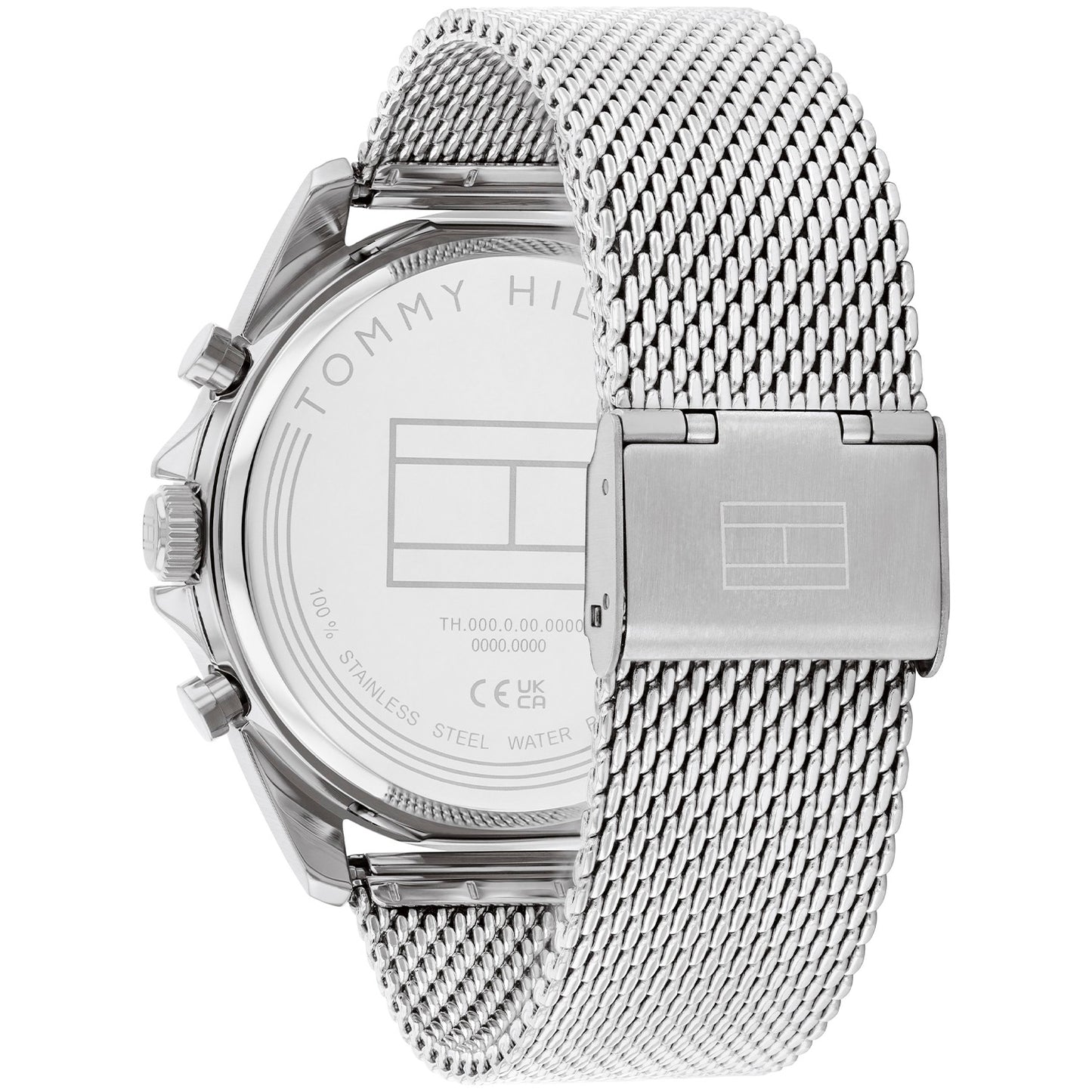 Rückseite der Tommy Hilfiger Armbanduhr: silbernes Meshband, Metallgehäuse mit Gravur