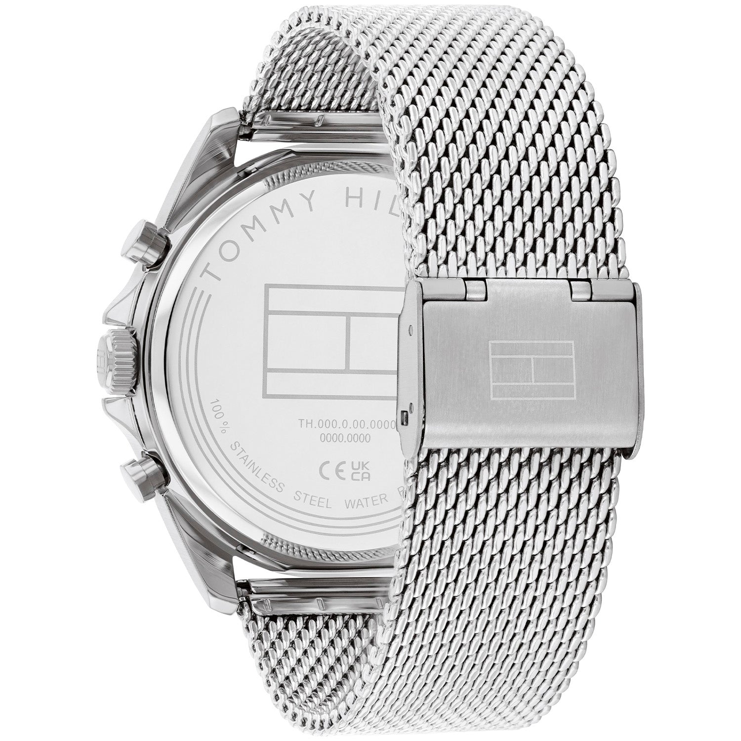 Rückseite der Tommy Hilfiger Armbanduhr: silbernes Meshband, Metallgehäuse mit Gravur