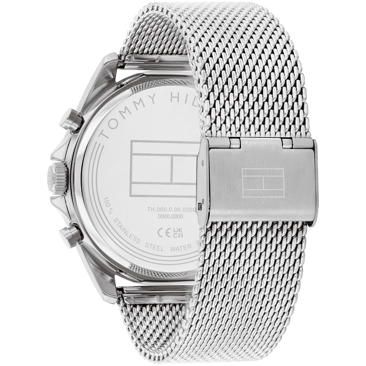 Herren-Chronographenuhr Rückansicht mit Edelstahl-Meshband und sichtbarer Gehäuseprägung