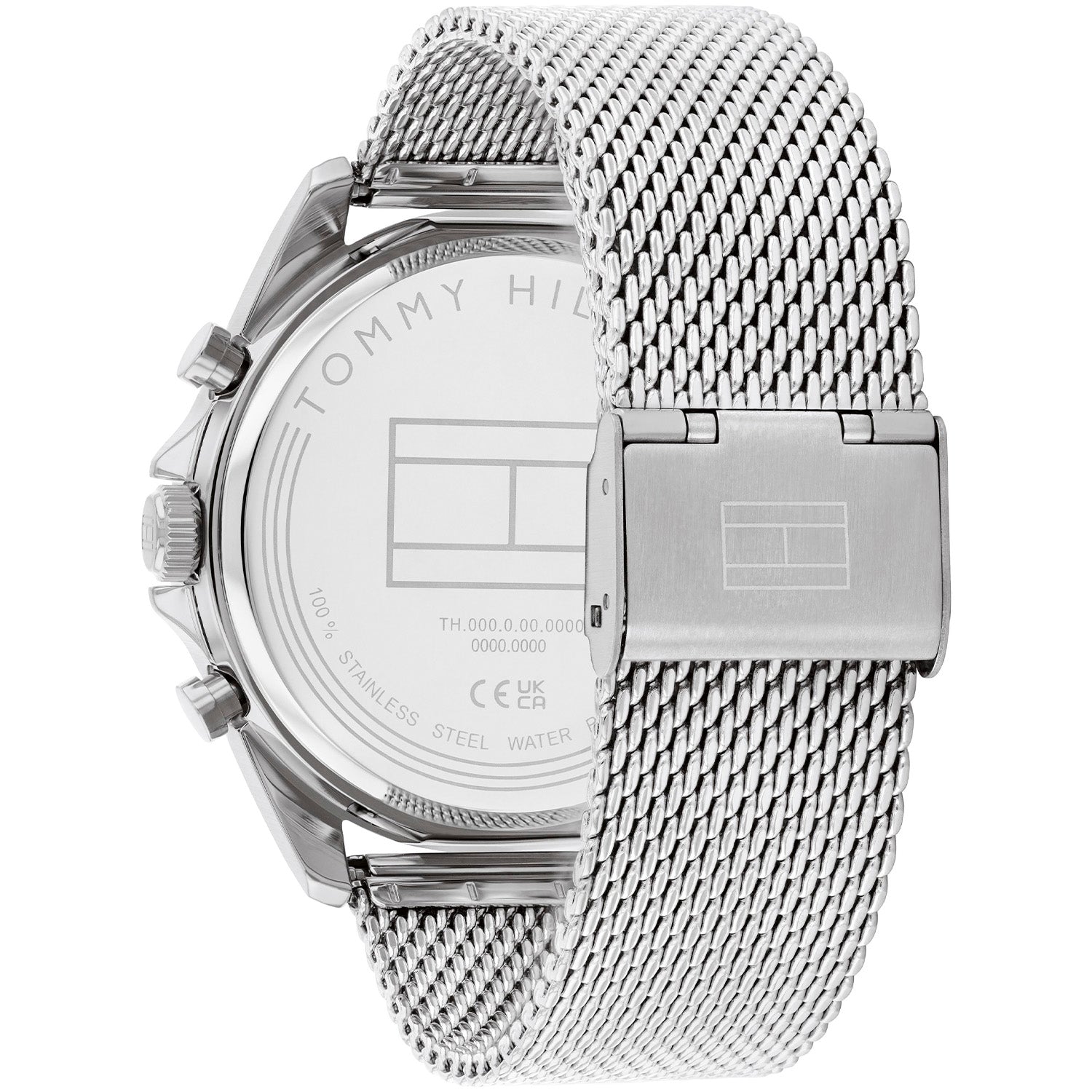 Herren-Chronographenuhr Rückansicht mit Edelstahl-Meshband und sichtbarer Gehäuseprägung