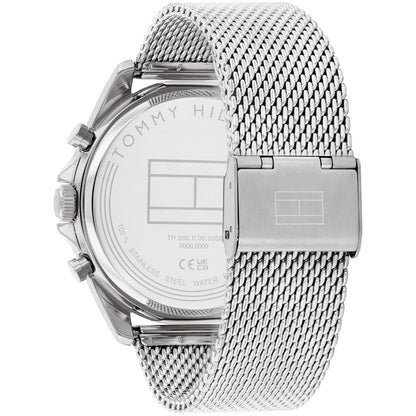 Herren-Chronographenuhr Rückansicht mit Edelstahl-Meshband und sichtbarer Gehäuseprägung