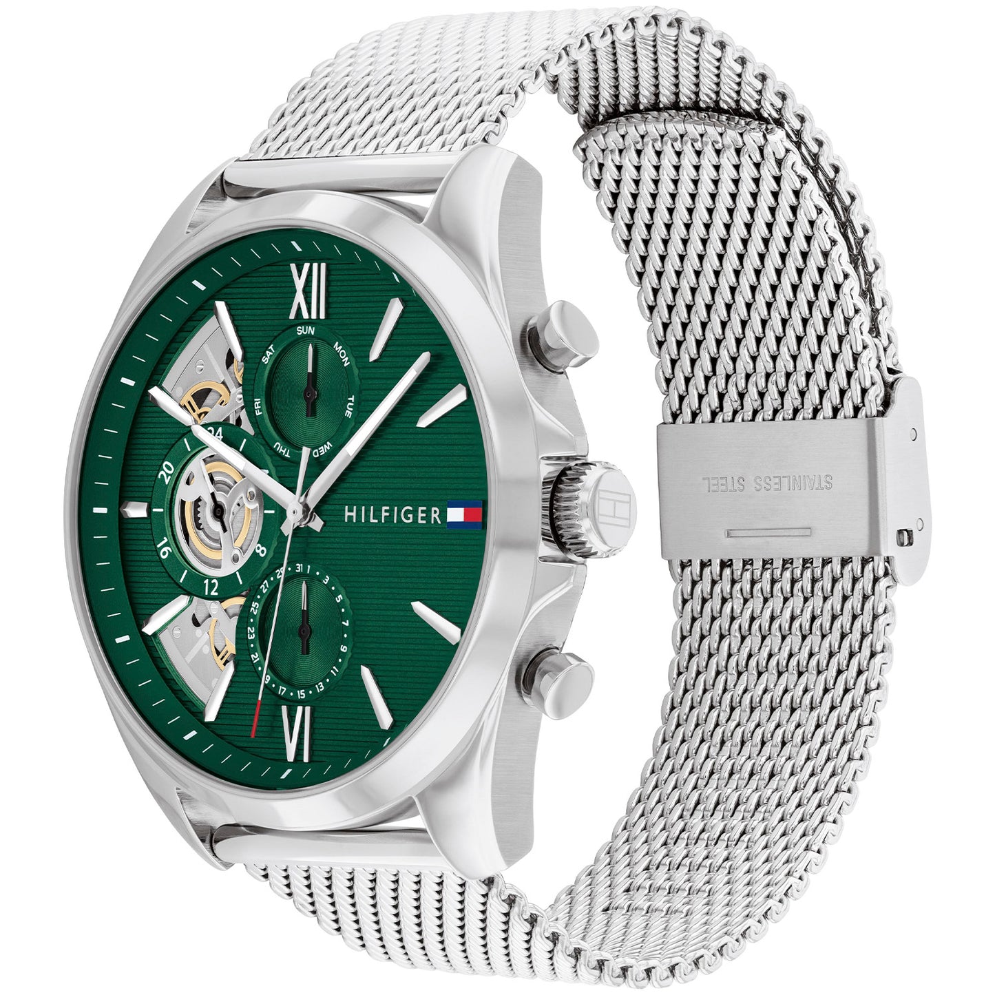 Herren-Chronographenuhr mit grünem Zifferblatt, silbernen Zeigern und Edelstahl-Meshband