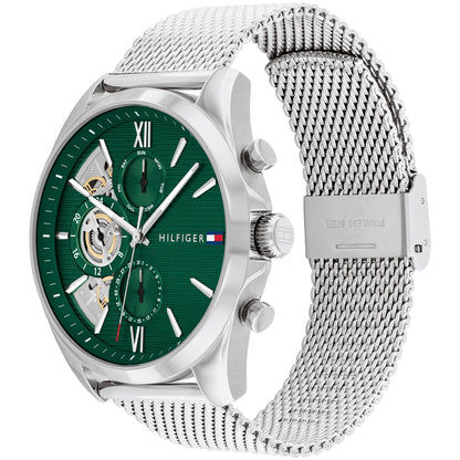 Herren-Chronographenuhr mit grünem Zifferblatt, silbernen Zeigern und Edelstahl-Meshband