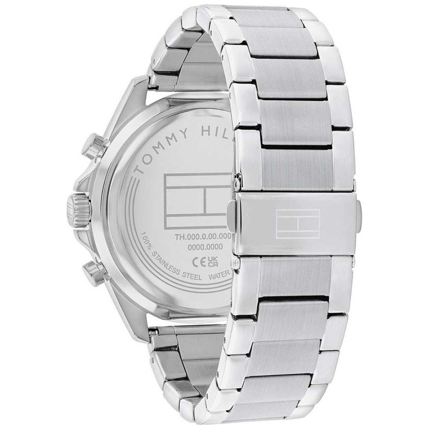 Herrenquarzuhr: Edelstahlgehäuse und Metallarmband, Rückseite mit Gravur