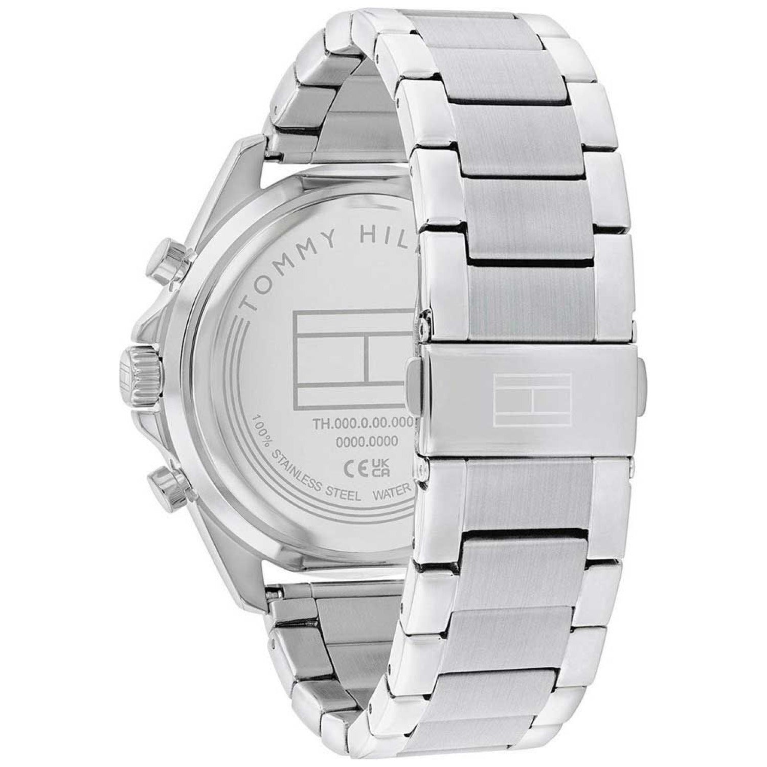 Herrenquarzuhr: Edelstahlgehäuse und Metallarmband, Rückseite mit Gravur