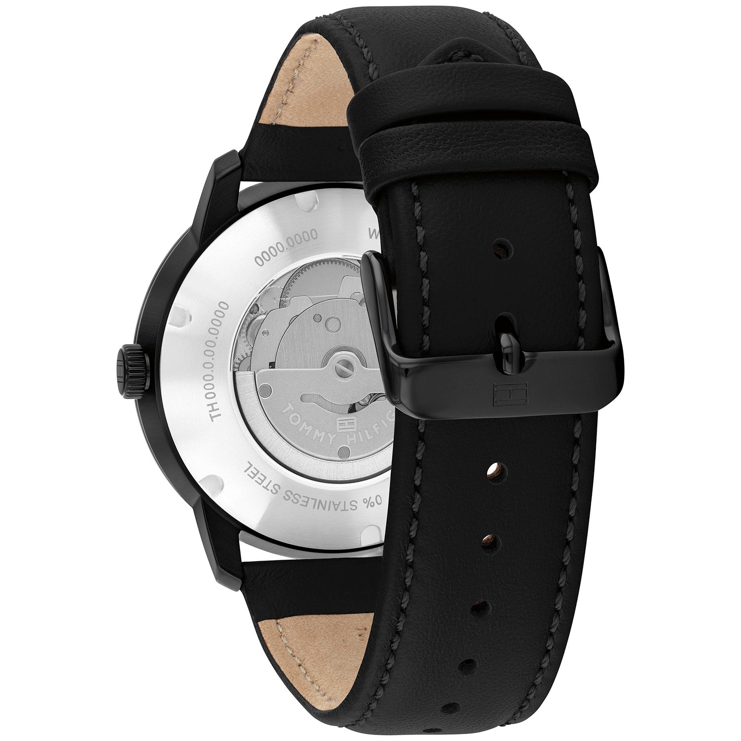 Herrenarmbanduhr mit schwarzem Gehäuse und schwarzem Lederarmband, Rückseite mit Aufdruck