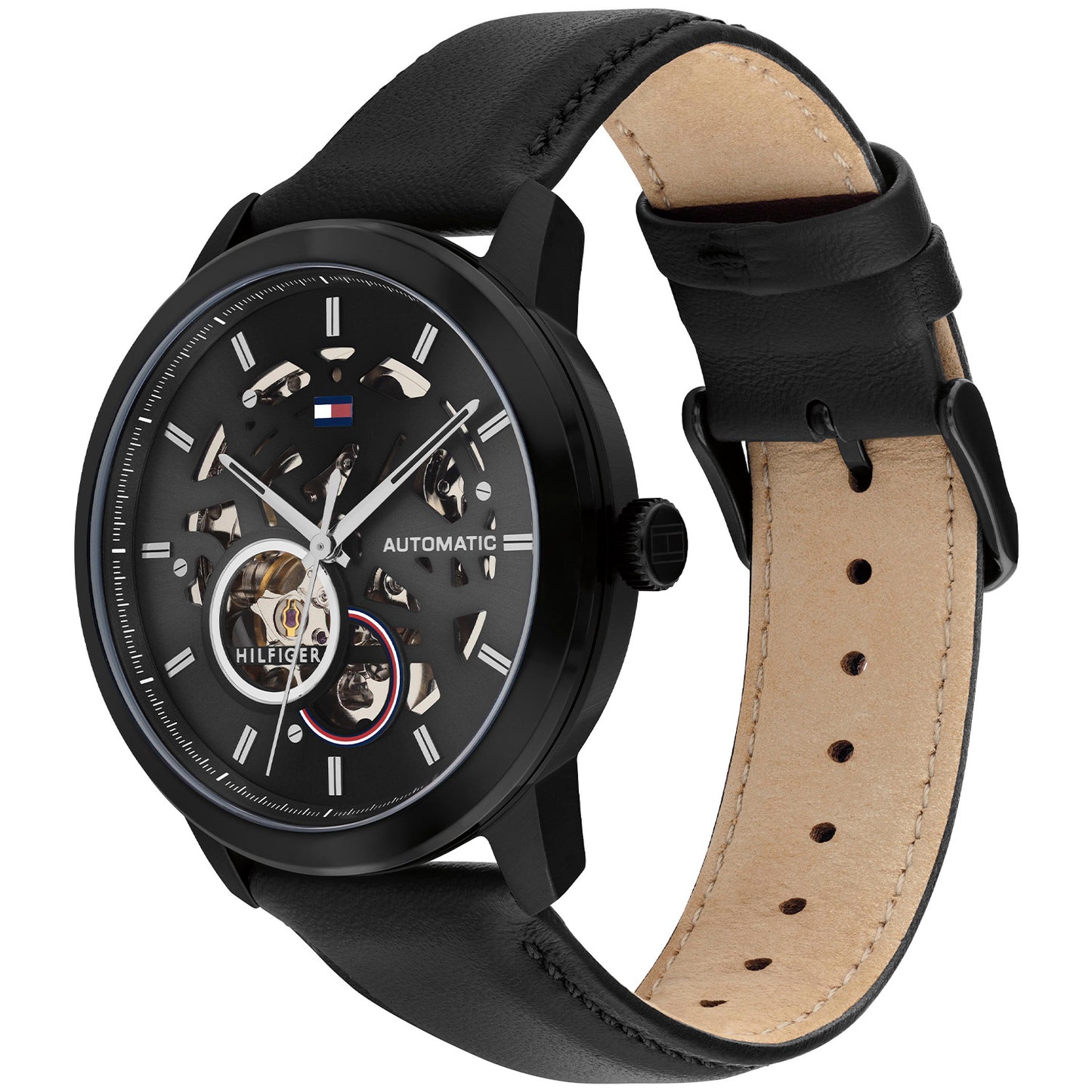 Herrenarmbanduhr mit schwarzem Skelettzifferblatt und schwarzem Lederarmband, seitlich