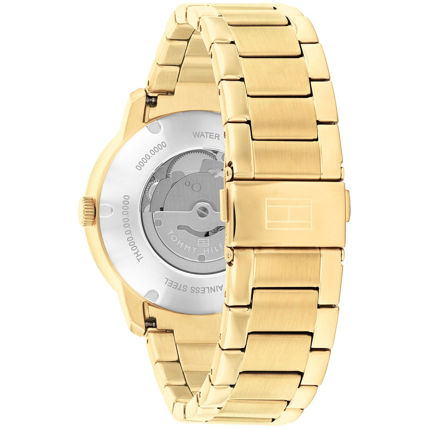 Tommy Hilfiger Armbanduhr mit goldfarbenem Metallarmband und sichtbarem Gehäuseboden