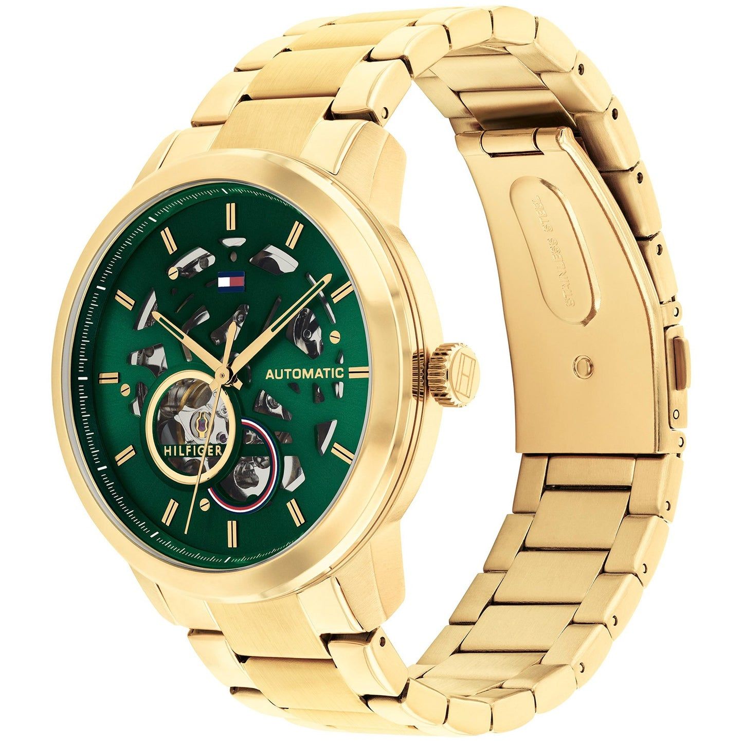 Tommy Hilfiger Henry Automatikuhr mit goldfarbenem Armband und grünem Skelett-Werk-Zifferblatt