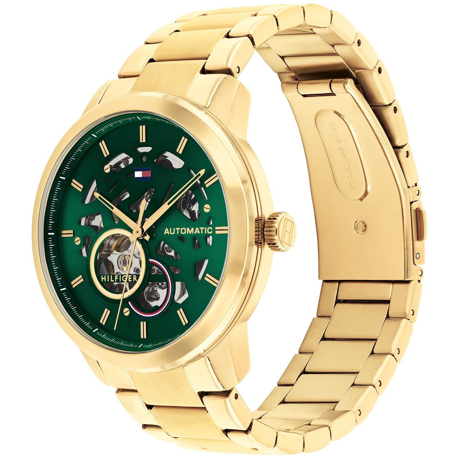 Tommy Hilfiger Henry Automatikuhr mit goldfarbenem Armband und grünem Skelett-Werk-Zifferblatt