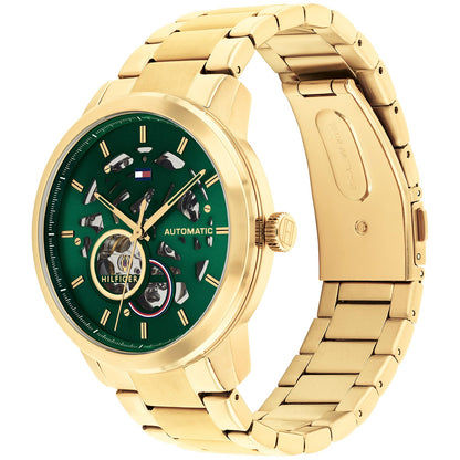 Tommy Hilfiger Henry Automatikuhr mit goldfarbenem Armband und grünem Skelett-Werk-Zifferblatt