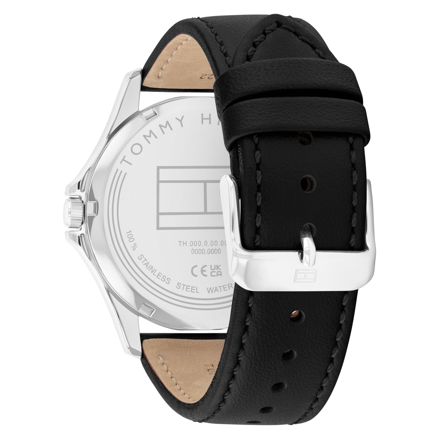 Herrenarmbanduhr mit schwarzem Lederarmband und silbernem Gehäuse, Schließe sichtbar