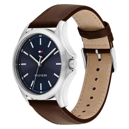 Herrenarmbanduhr mit blauem Zifferblatt, silbernem Gehäuse und braunem Lederarmband