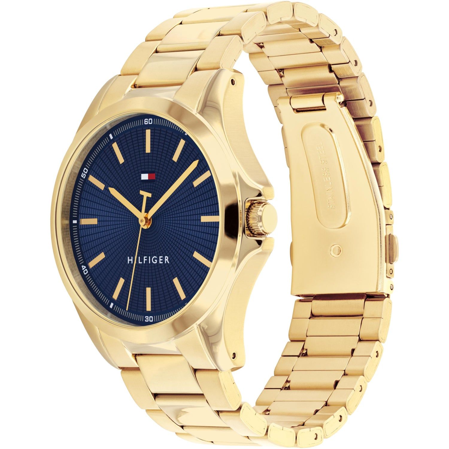 Herrenarmbanduhr mit blauem Zifferblatt, goldfarbenes Edelstahlgehäuse und -band