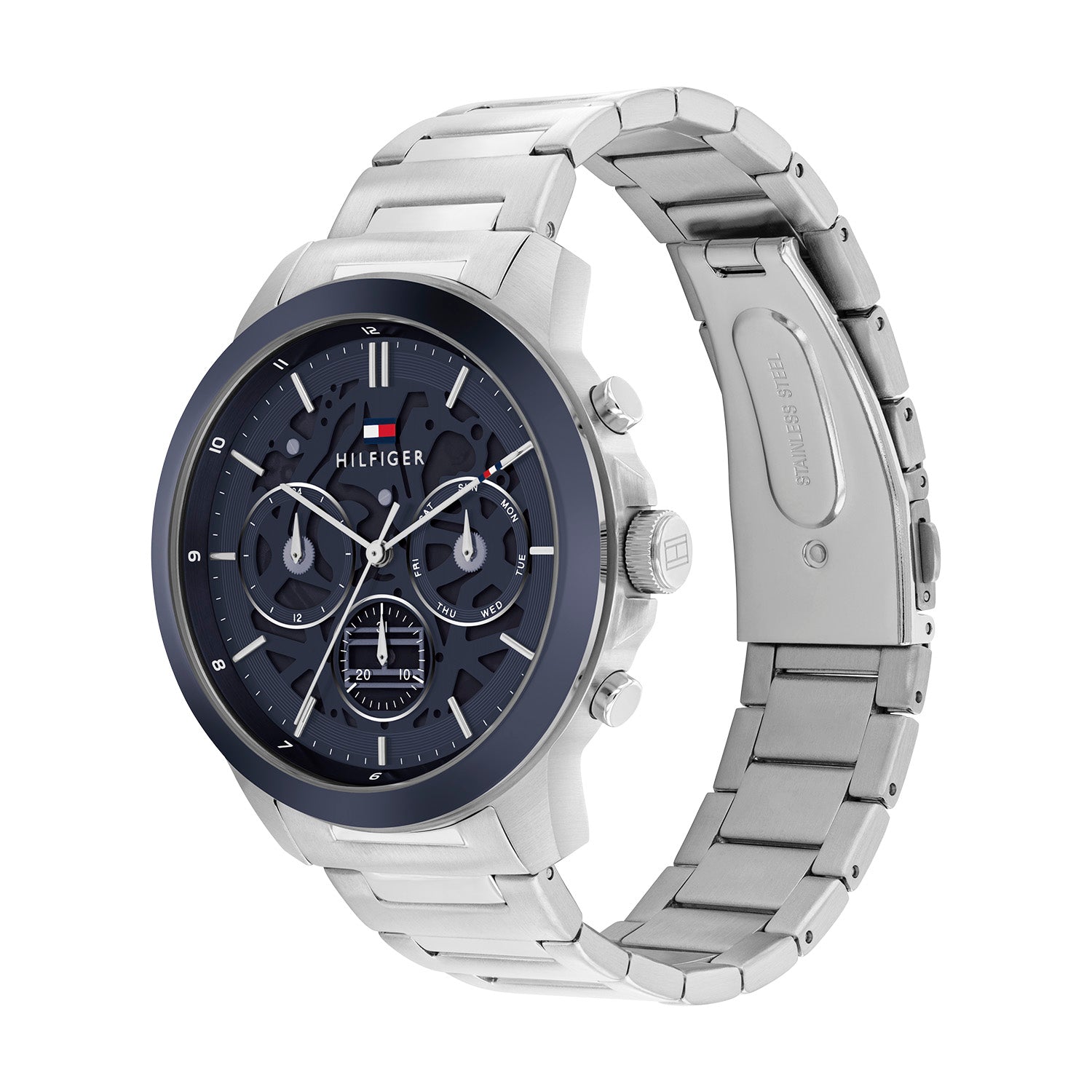 Herrenarmbanduhr: silbernes Metallarmband, rundes Gehäuse mit dunkelblauem Chronograph-Zifferblatt