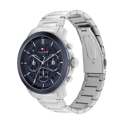 Herrenarmbanduhr: silbernes Metallarmband, rundes Gehäuse mit dunkelblauem Chronograph-Zifferblatt