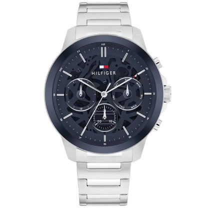 Herren Chronograph-Armbanduhr mit blau-schwarzem Zifferblatt und Edelstahlband, Mineralglas