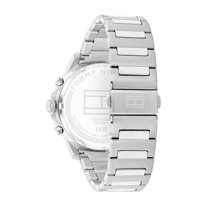 Herrenarmbanduhr Rückseite mit silbernem Edelstahlgehäuse und Edelstahlarmband