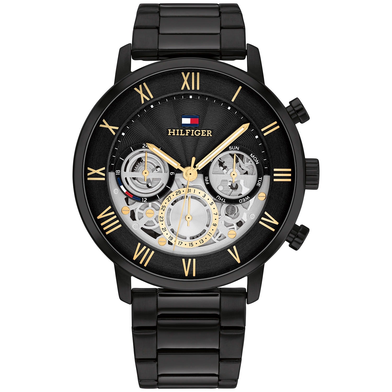 Herren-Armbanduhr: schwarzes Zifferblatt mit Chronograph-Subdials, schwarzes Metallband
