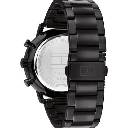 Rückansicht Herren-Armbanduhr: schwarzes Metallarmband und silberner Gehäuseboden