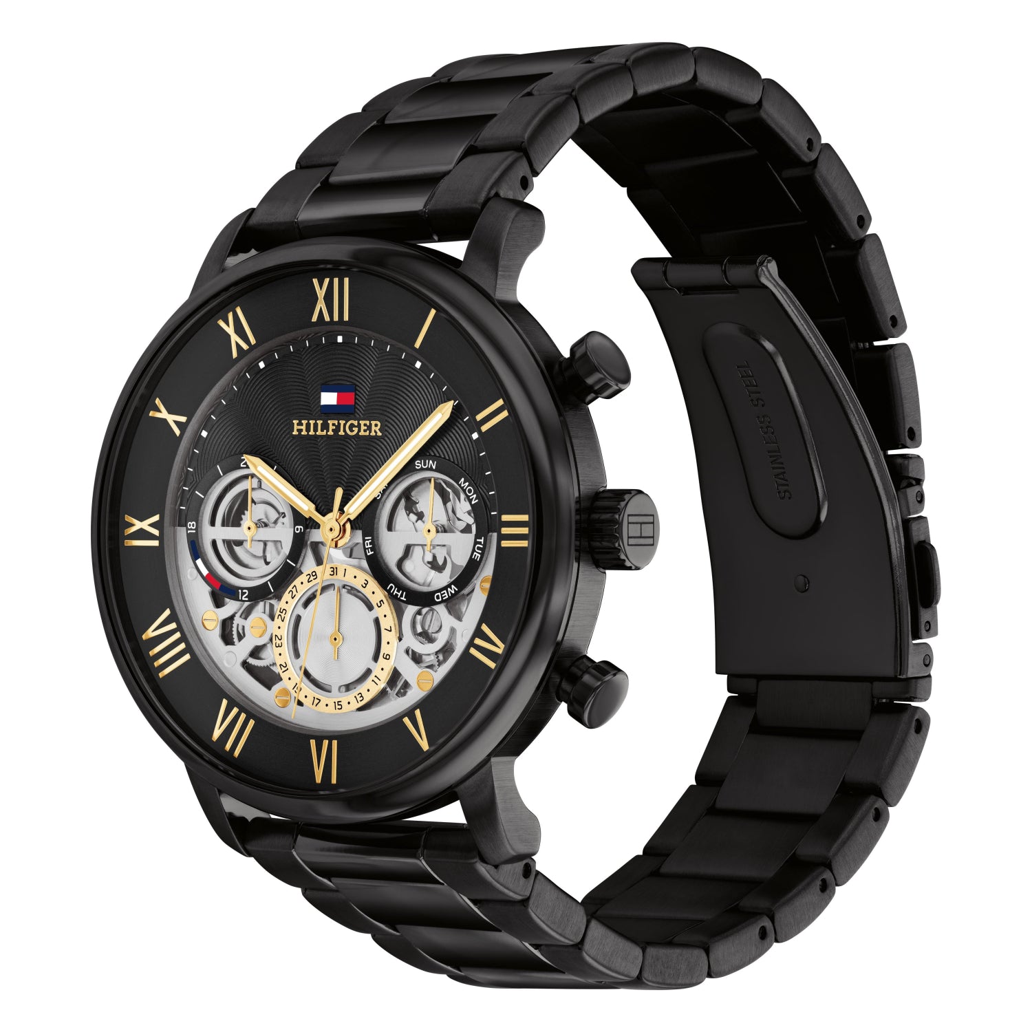 Herren-Armbanduhr mit schwarzem Gehäuse, römischen Ziffern, goldenen Akzenten und Subdials