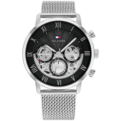 Herrenarmbanduhr Tommy Hilfiger Legend mit silbernem Edelstahl-Meshband und schwarzem Zifferblatt