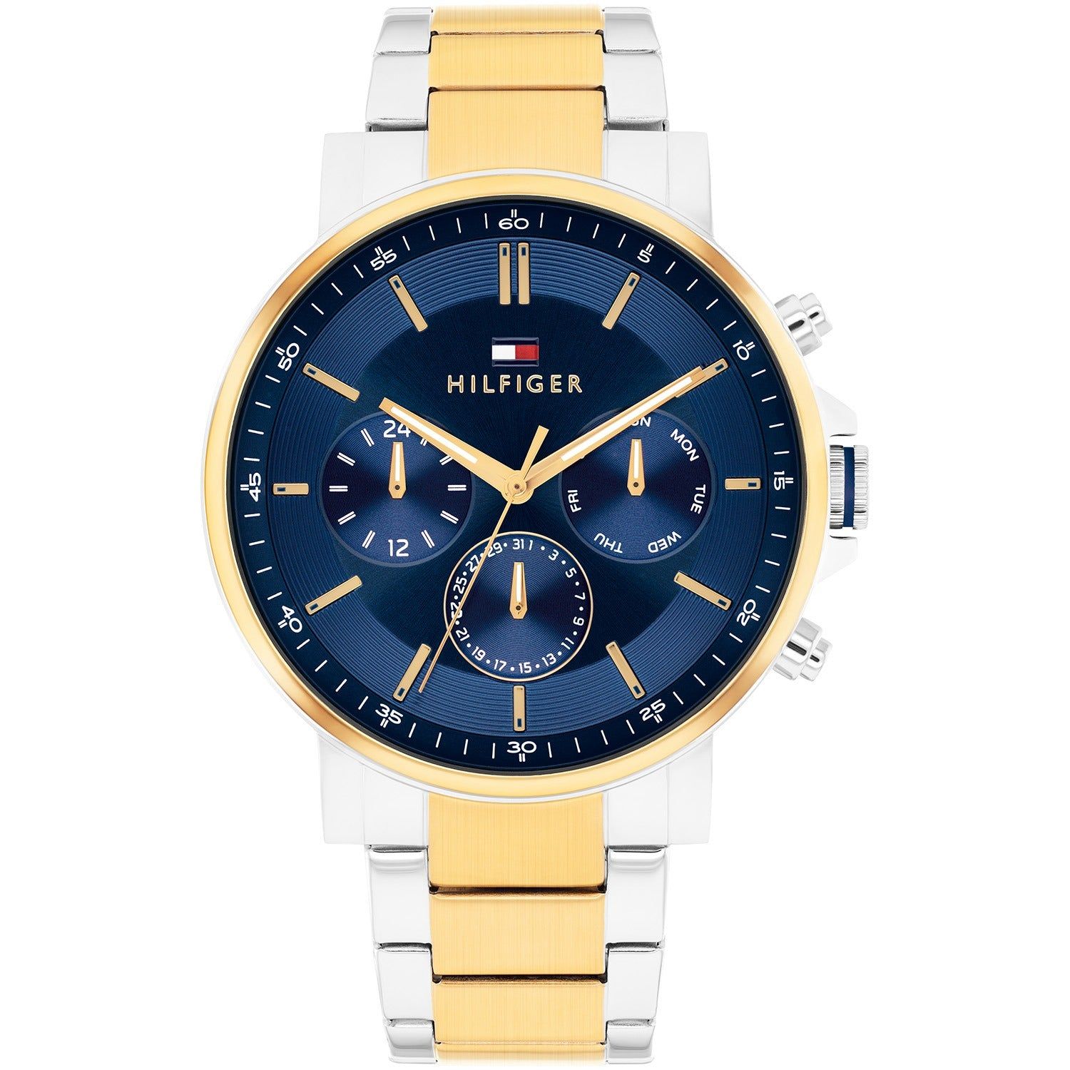 Herrenarmbanduhr: blaues Zifferblatt, bicolor Edelstahlband, Multifunktions-Subdials