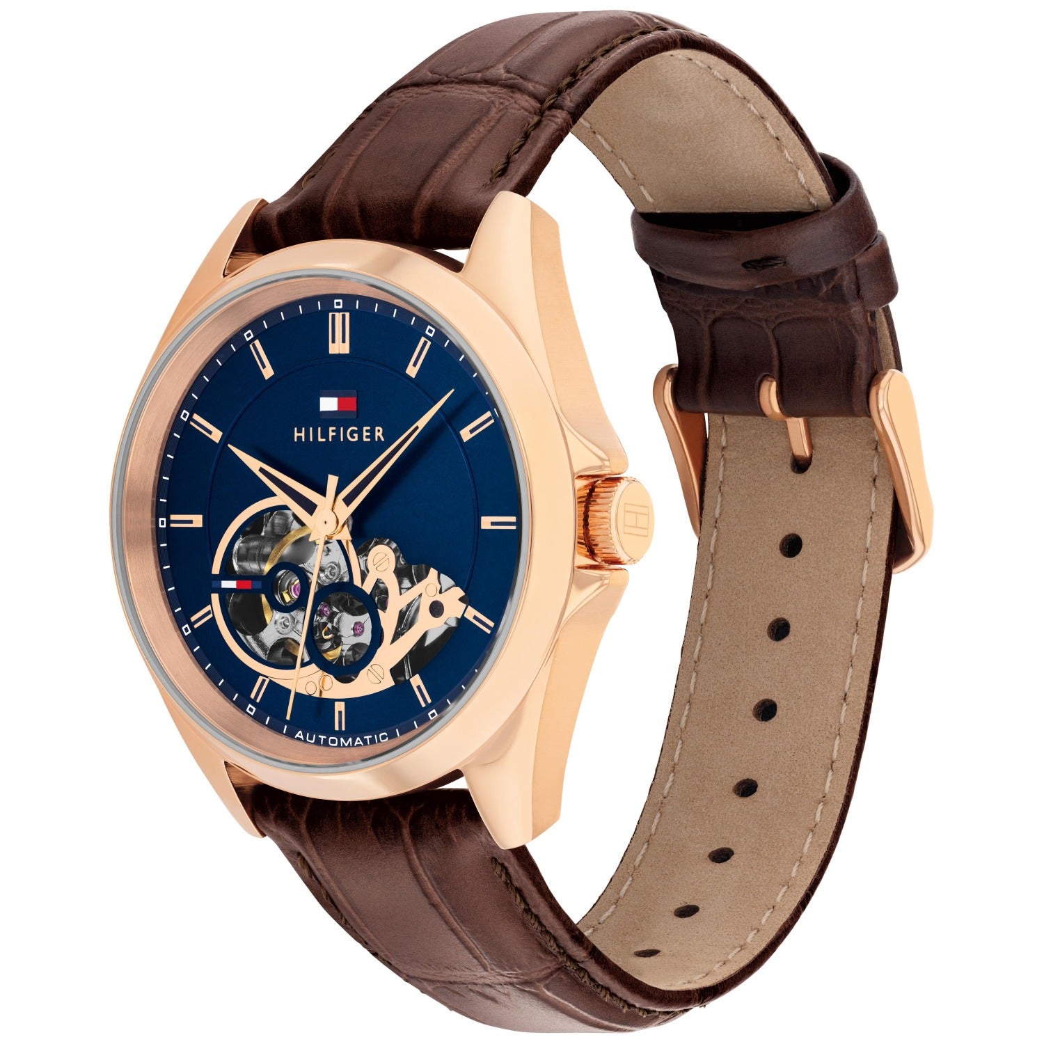 Automatik-Uhr mit blauem Open-Heart-Zifferblatt, rosegoldfarbenem Gehäuse und Lederband
