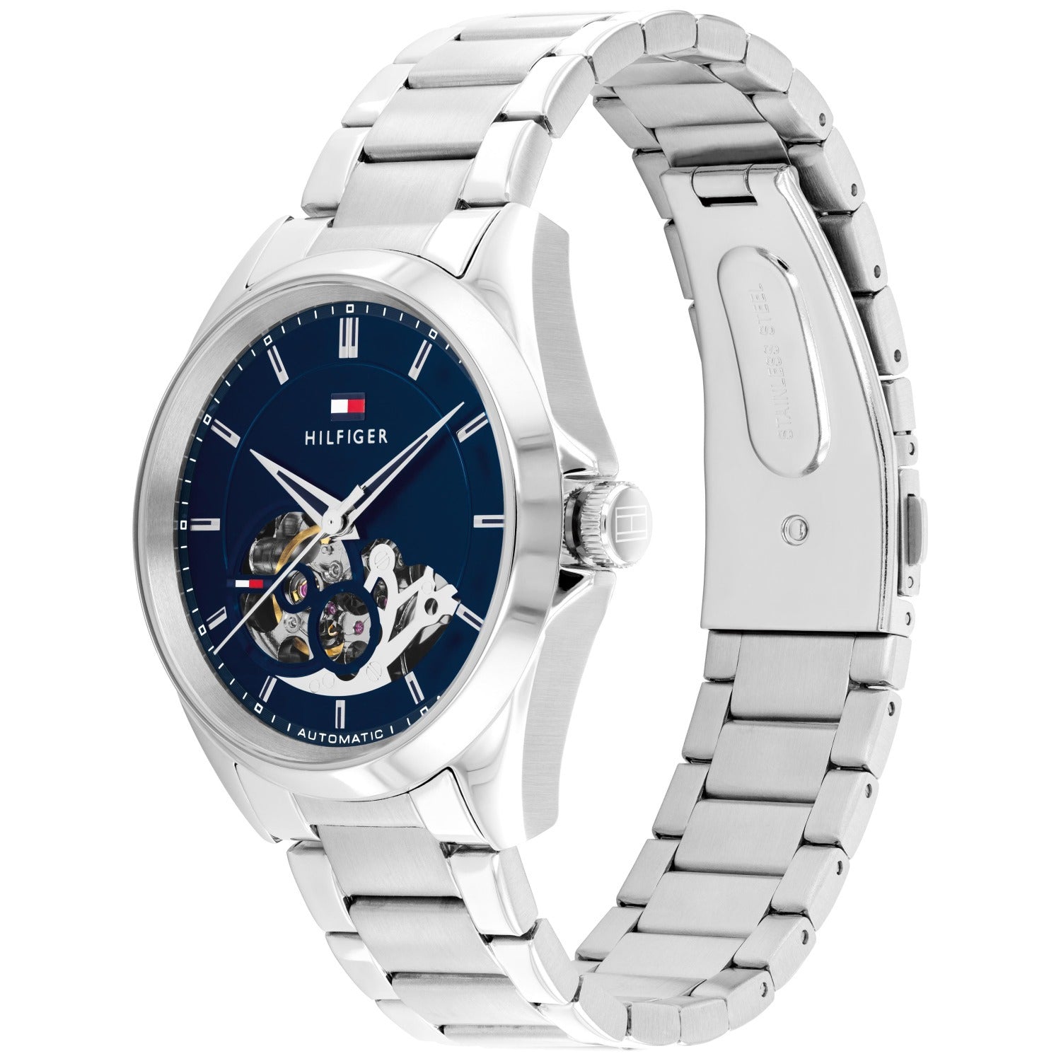 Tommy Hilfiger Herrenarmbanduhr mit silbernem Edelstahlband und blauem Open-Heart Zifferblatt