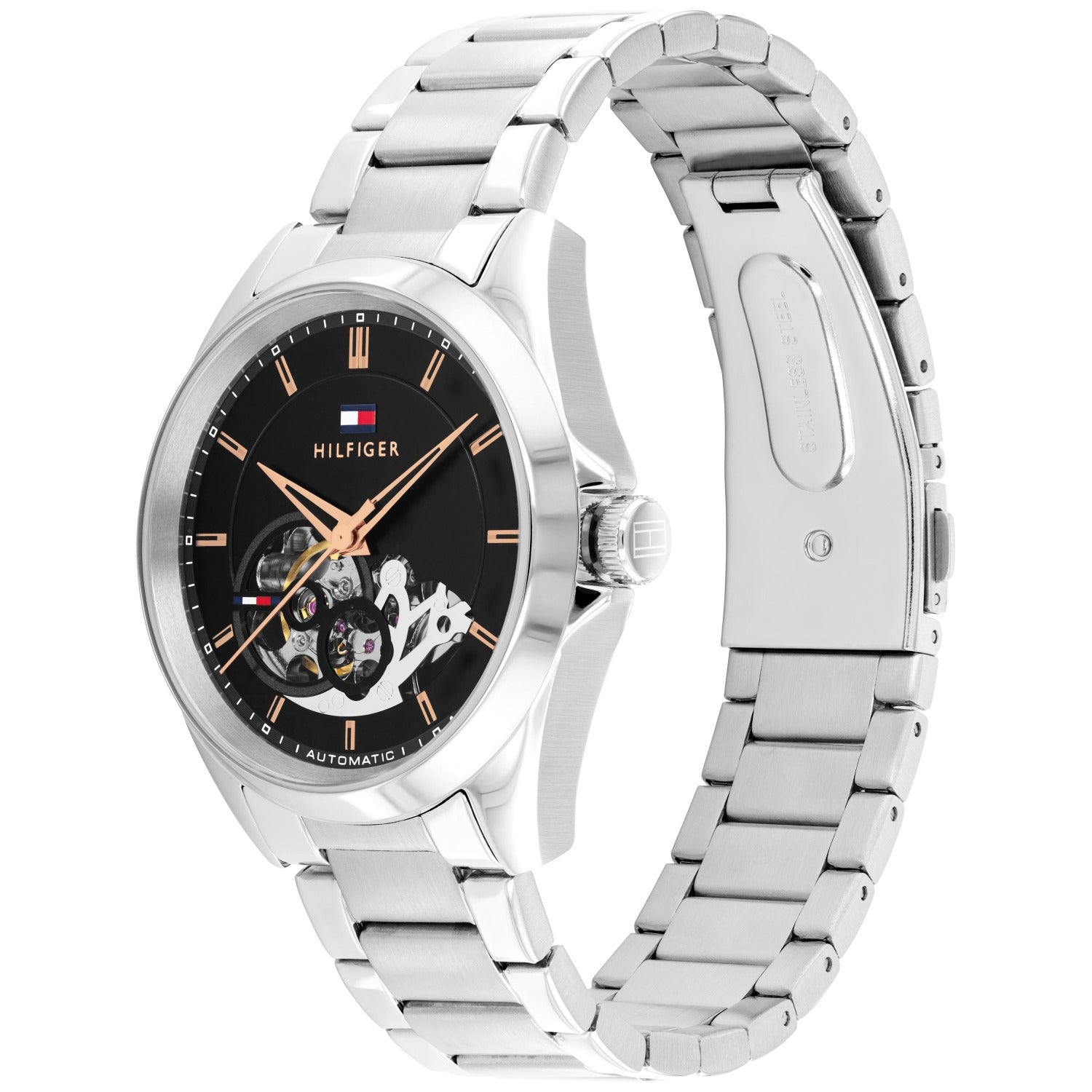 Tommy Hilfiger Herrenarmbanduhr mit schwarzem Open-Heart-Zifferblatt, Edelstahlband