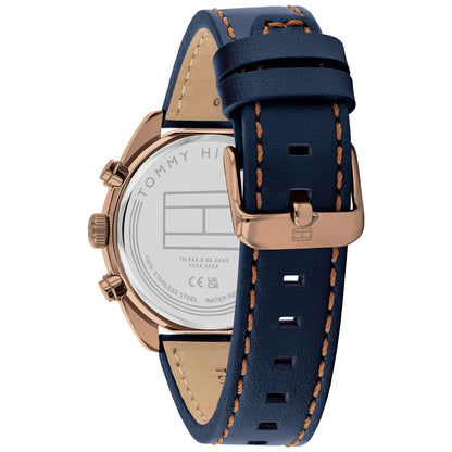Tommy Hilfiger Hudson Uhr Rückseite, blaues Lederband, roségoldene Bedienelemente