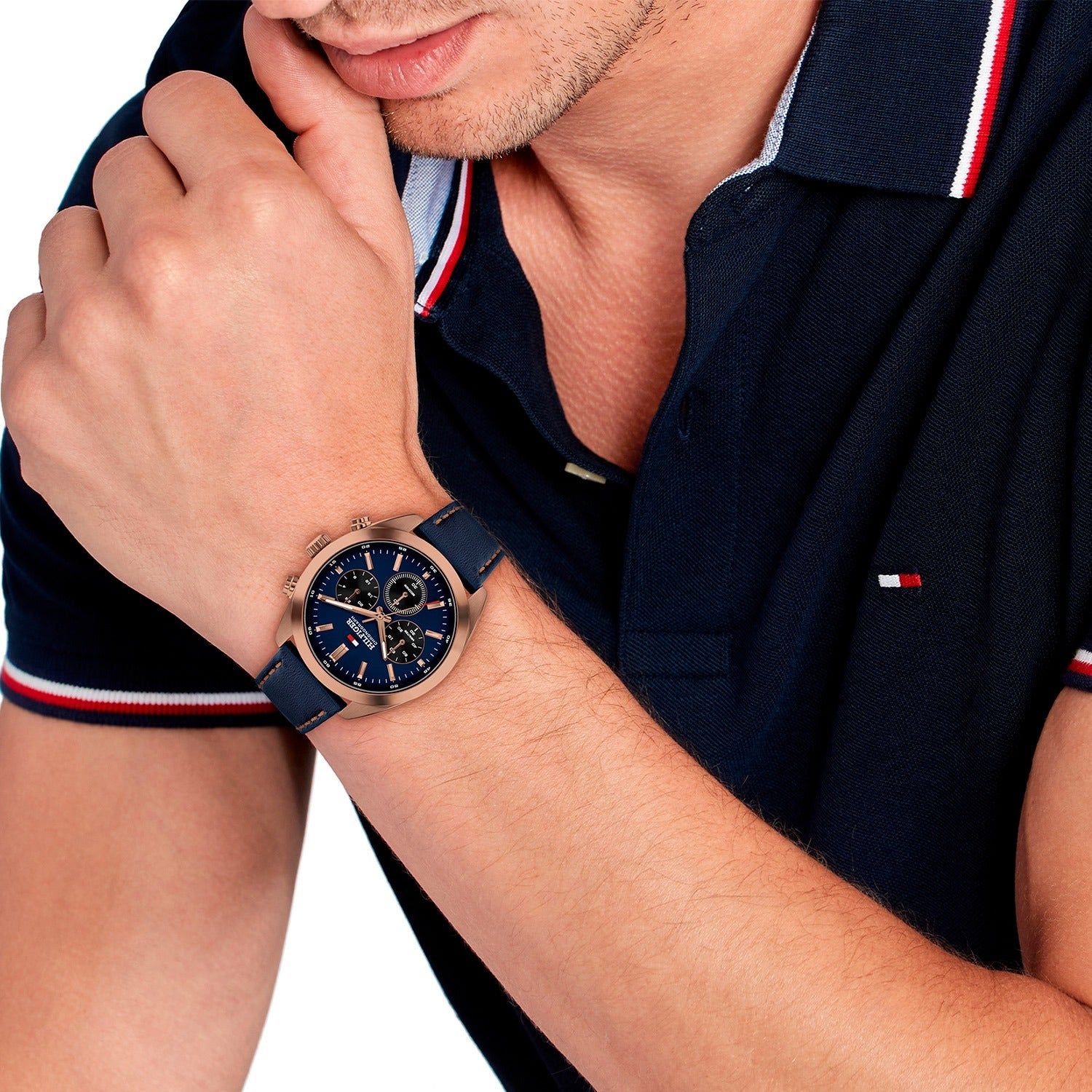 Tommy Hilfiger Hudson Herrenarmbanduhr, blaues Armband, roségoldene Analoganzeige