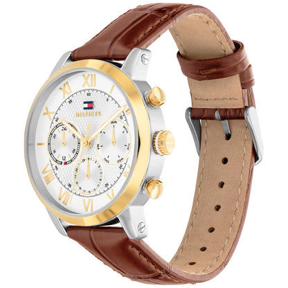 Tommy Hilfiger Herrenuhr: braunes Lederarmband, goldene Lünette, Chrono-Zifferblatt