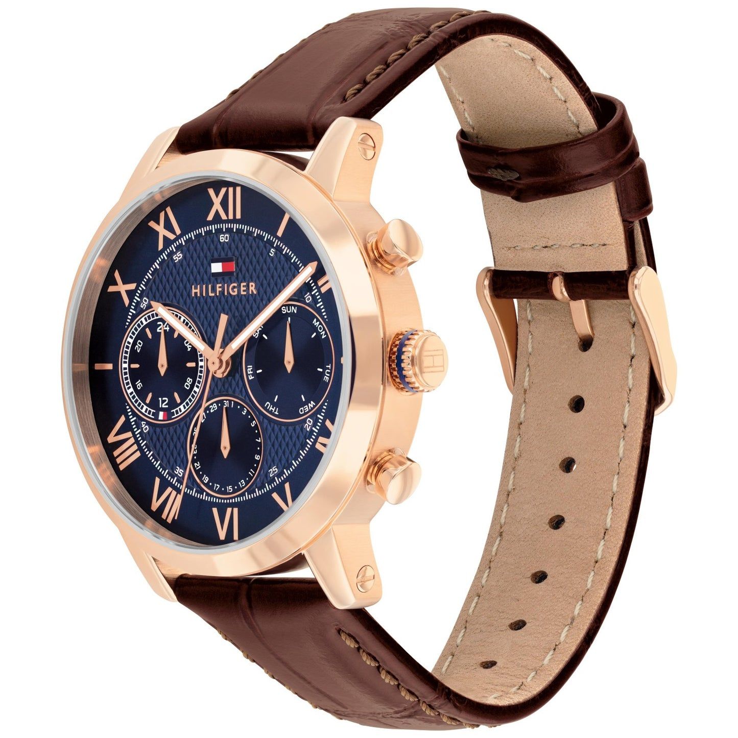 Tommy Hilfiger Herrenuhr mit blauem Chrono-Zifferblatt, braunem Lederband, Roségold