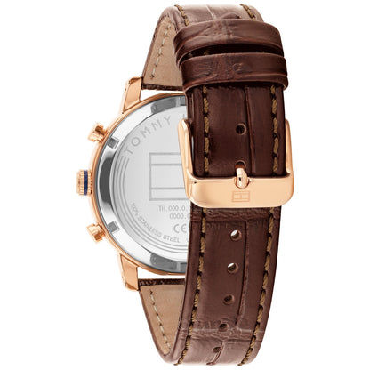 Tommy Hilfiger Herrenuhr Rückseite mit braunem Lederband und Roségoldgehäuse