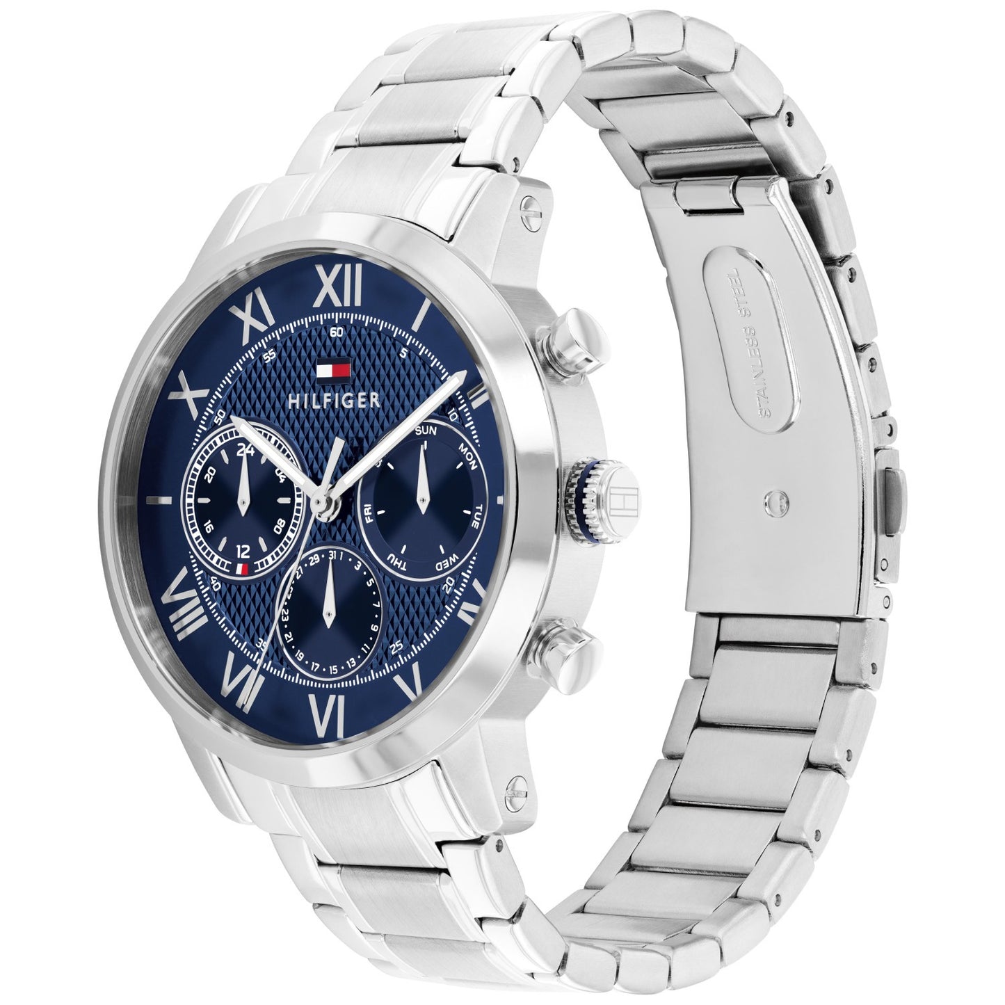 Tommy Hilfiger Chronograph Uhr mit blauem Zifferblatt, römischen Ziffern und Drückern