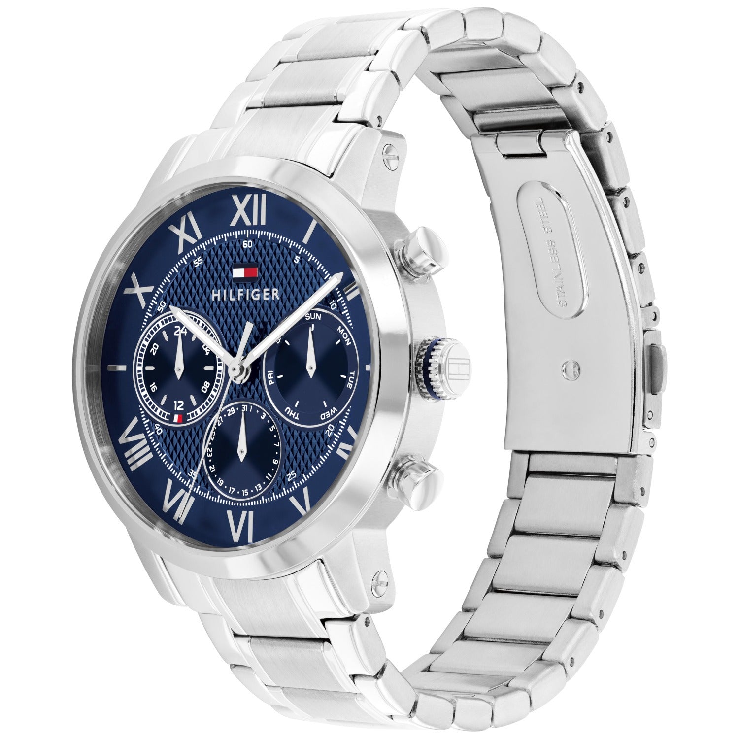 Tommy Hilfiger Chronograph Uhr mit blauem Zifferblatt, römischen Ziffern und Drückern