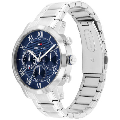 Tommy Hilfiger Chronograph Uhr mit blauem Zifferblatt, römischen Ziffern und Drückern