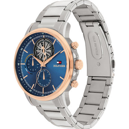 Tommy Hilfiger Chronograph, blaues Zifferblatt mit Roségold-Lünette und silbernem Band