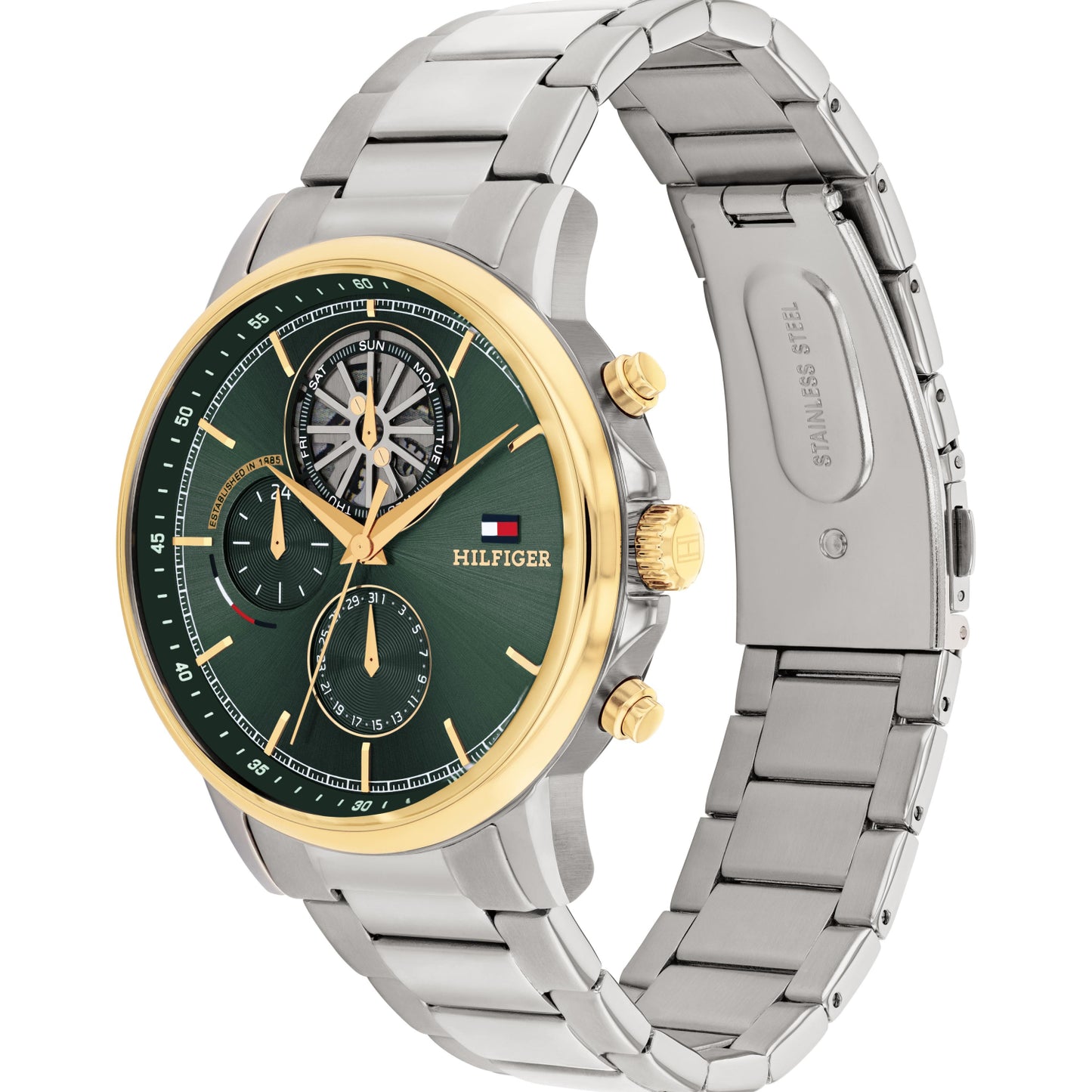 Chronograph mit grünem Zifferblatt, Tommy Hilfiger Logo, goldener Lünette und Edelstahlband