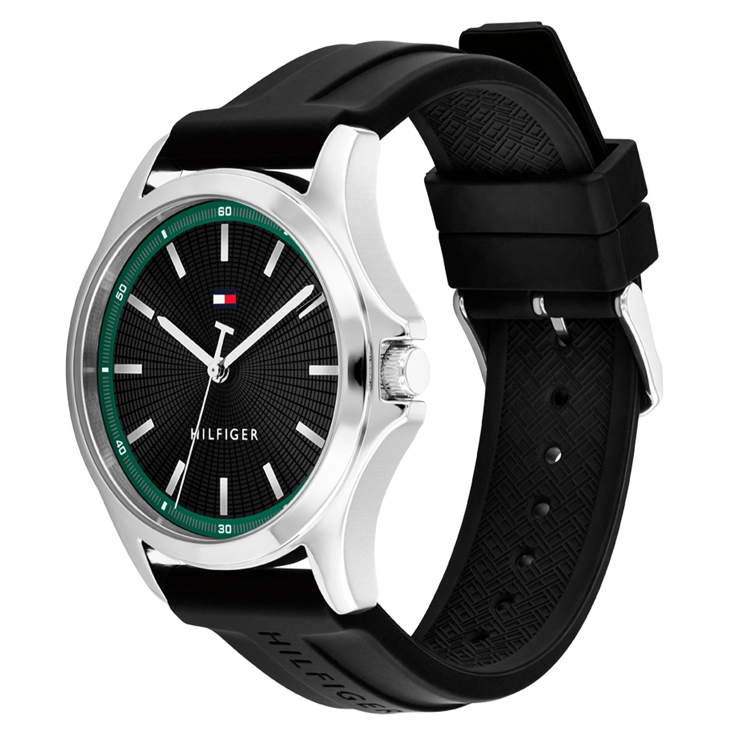 Herrenuhr: schwarzes Zifferblatt mit grüner Skala, silbernes Gehäuse, schwarzes Silikonarmband