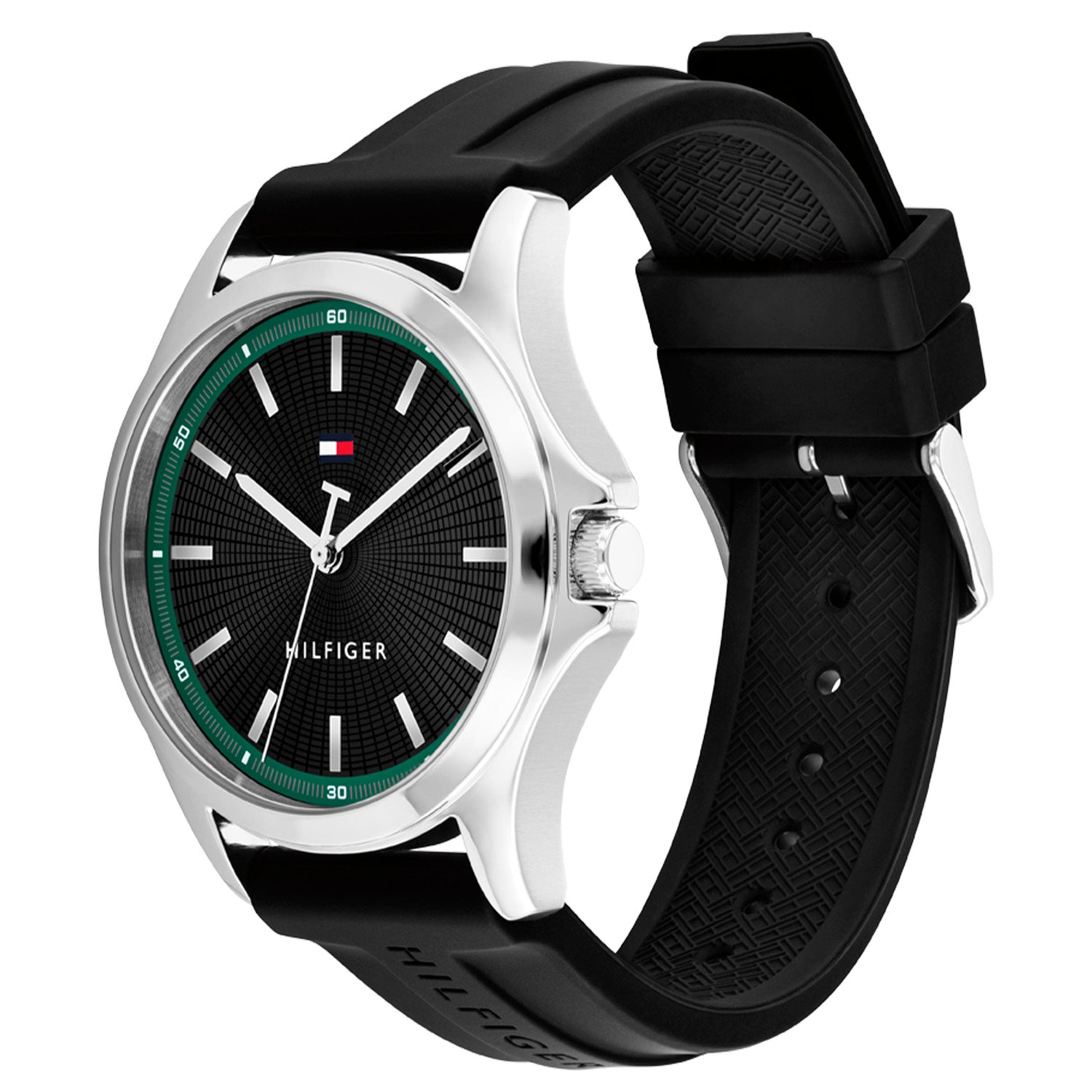 Herrenuhr: schwarzes Zifferblatt mit grüner Skala, silbernes Gehäuse, schwarzes Silikonarmband