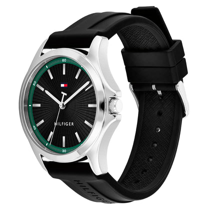 Herrenuhr: schwarzes Zifferblatt mit grüner Skala, silbernes Gehäuse, schwarzes Silikonarmband