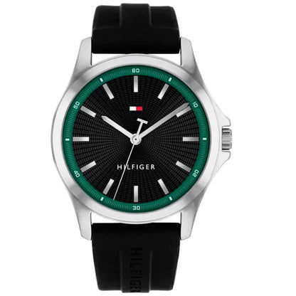 Tommy Hilfiger Herrenuhr mit schwarzem Silikonarmband, silbernem Gehäuse und grünem Lünette