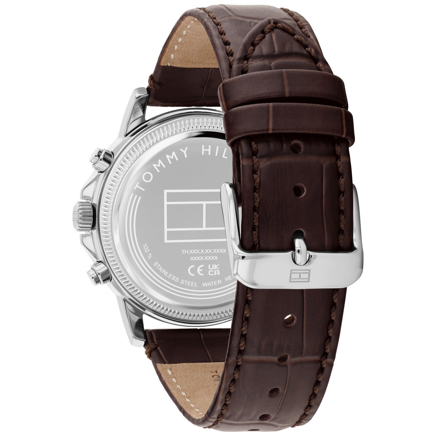 Quarzarmbanduhr mit silbernem Edelstahlgehäuse und braunem Lederarmband, seitliche Ansicht