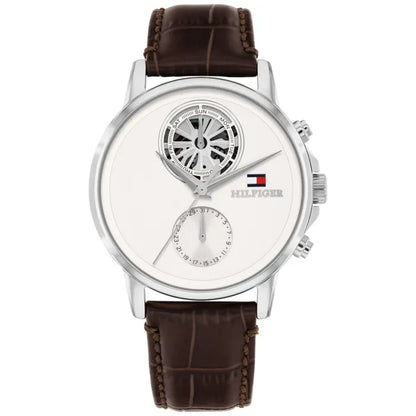 Tommy Hilfiger-Armbanduhr mit weißem Zifferblatt und braunem Lederarmband, silbernem Gehäuse