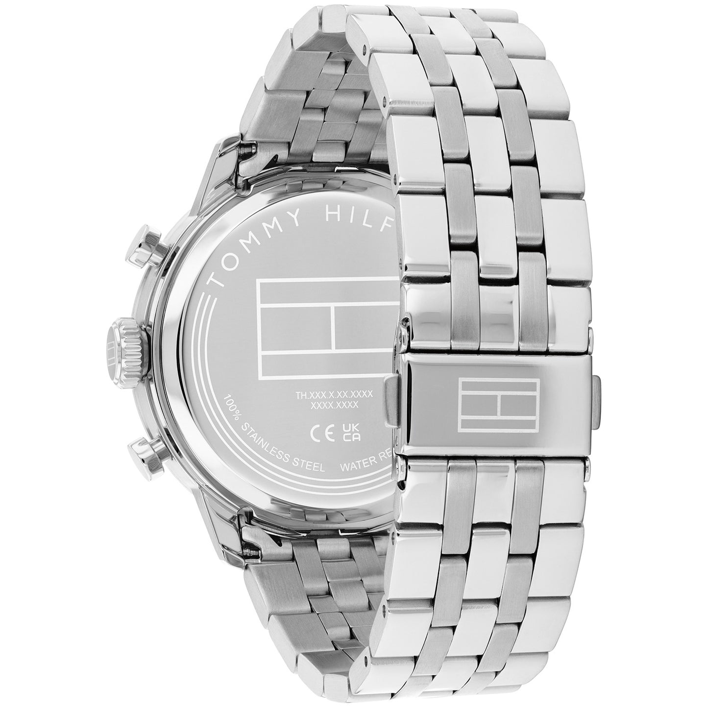 Rückseite eines Herren-Chronographen mit silbernem Metallarmband