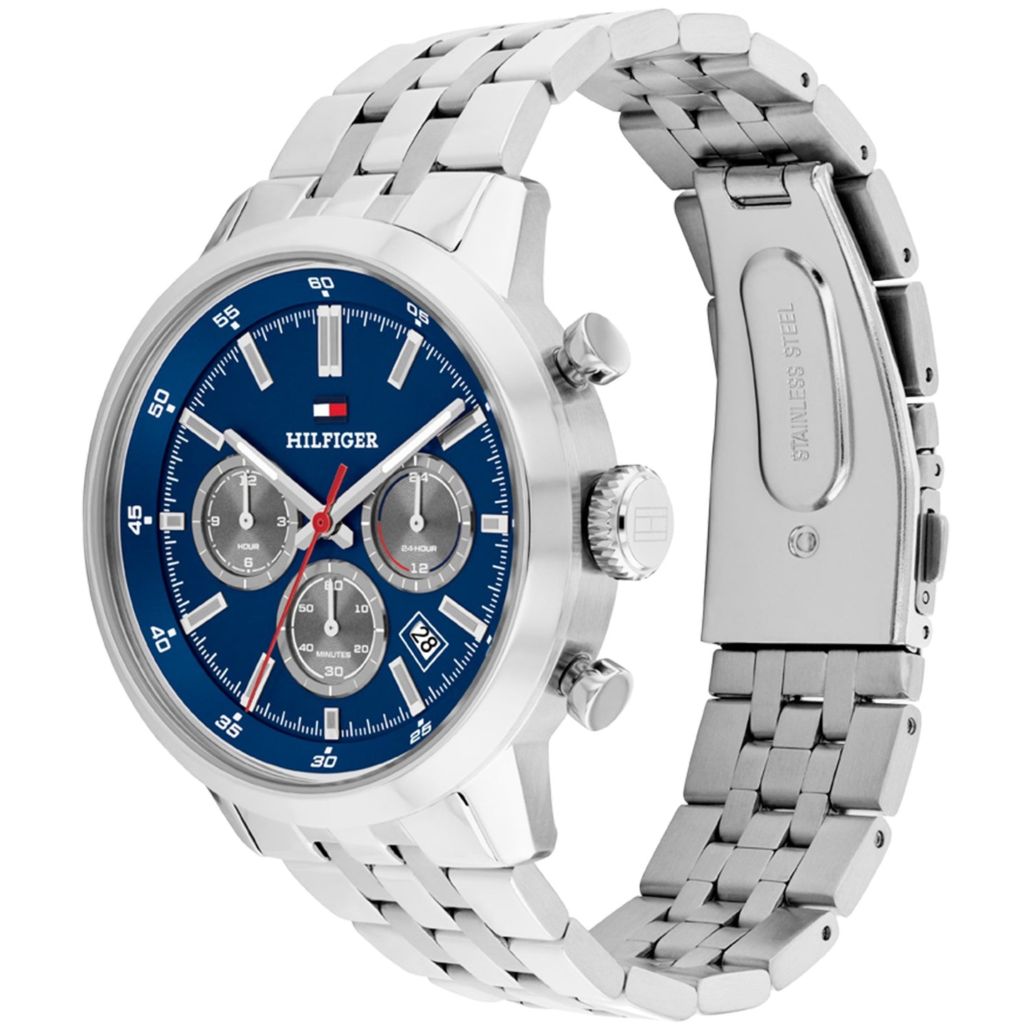 Herren-Chronograph mit blauem Ziffernblatt, Chrono-Totalisatoren und silbernem Metallarmband