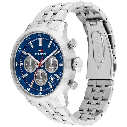 Herren-Chronograph mit blauem Ziffernblatt, Chrono-Totalisatoren und silbernem Metallarmband