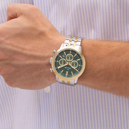 Herrenuhr mit grünem Zifferblatt und Chronographenanzeigen, bicolor Edelstahlarmband